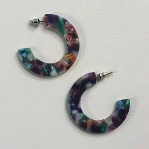Purple Green Gold & Cream Semi Hoop Acrylic Stainless Steel Earrings NWT